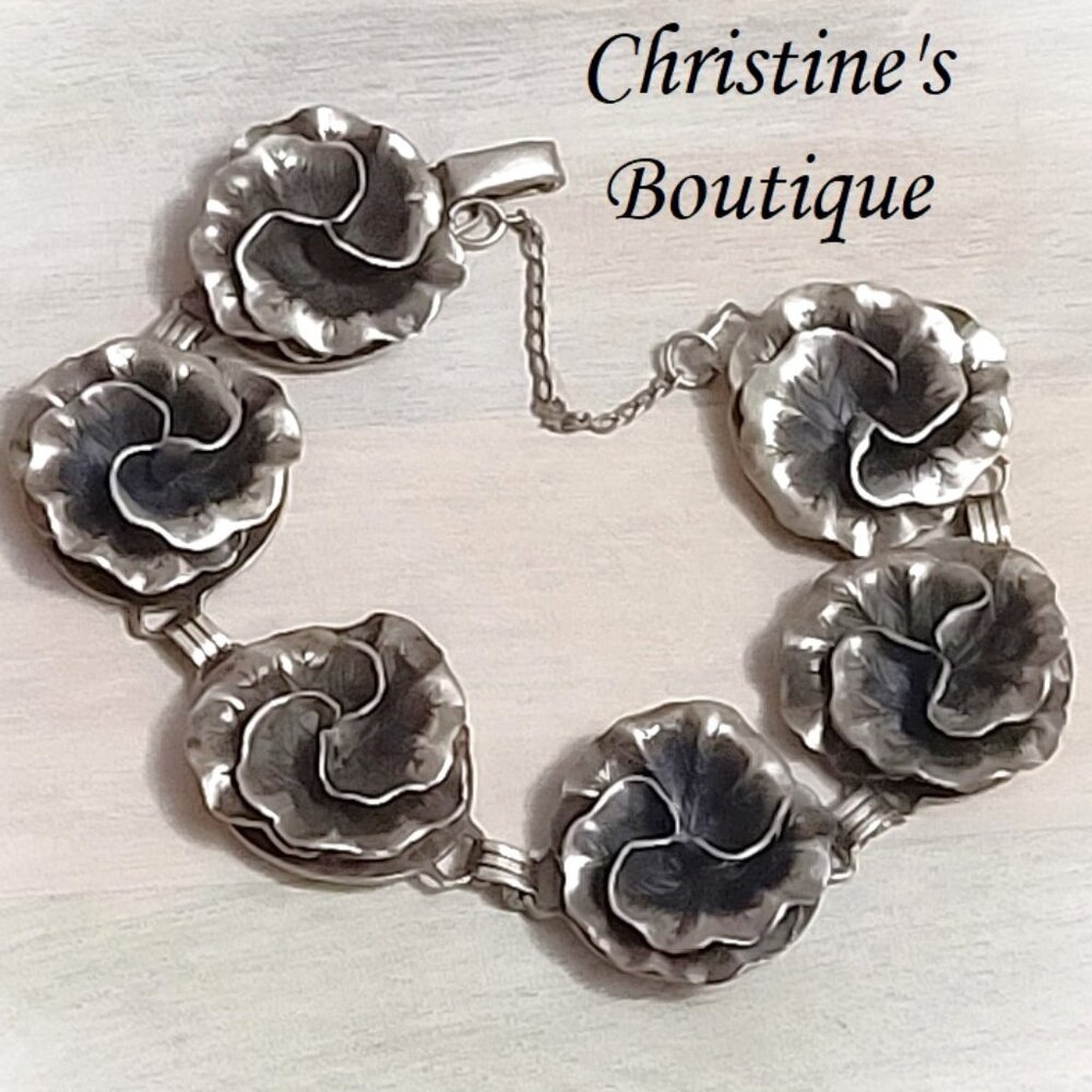 Rose motif bracelet, vintage sterling silver, signed designer, DANCRAFT